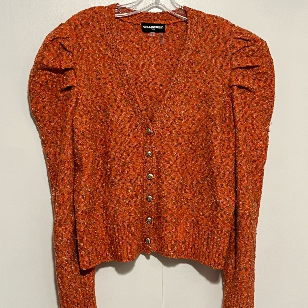Karl Largerfeld Women's Orange Boucle Button-Up Puff Sleeve Sweater - Picture 2 of 7